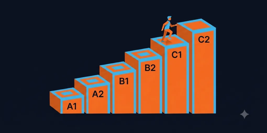 A staircase labeled A1 through C2 representing the six CEFR levels