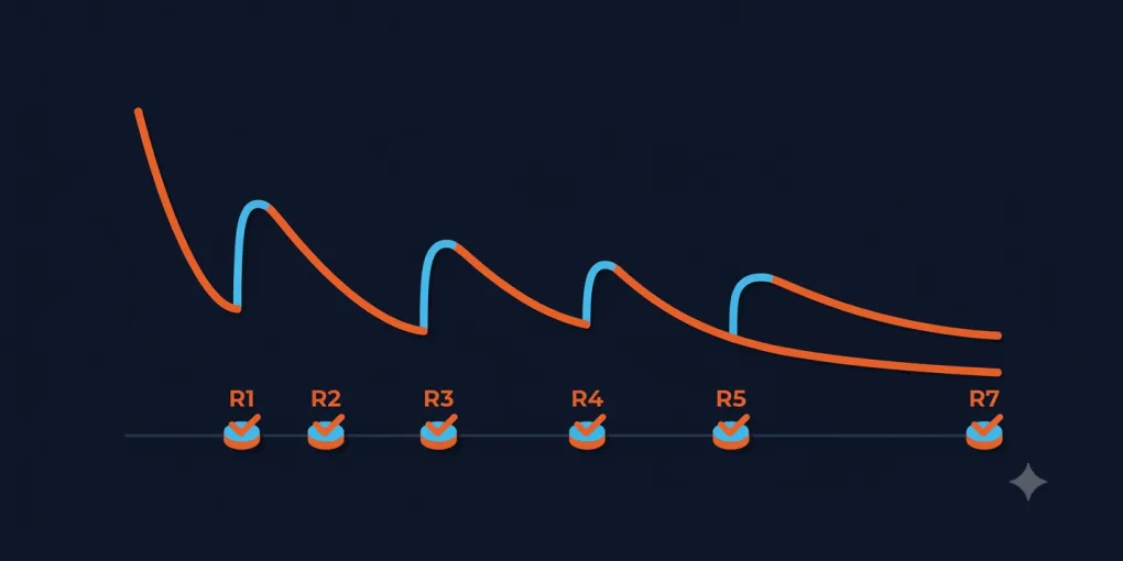 A calendar showing review sessions spaced further apart over time